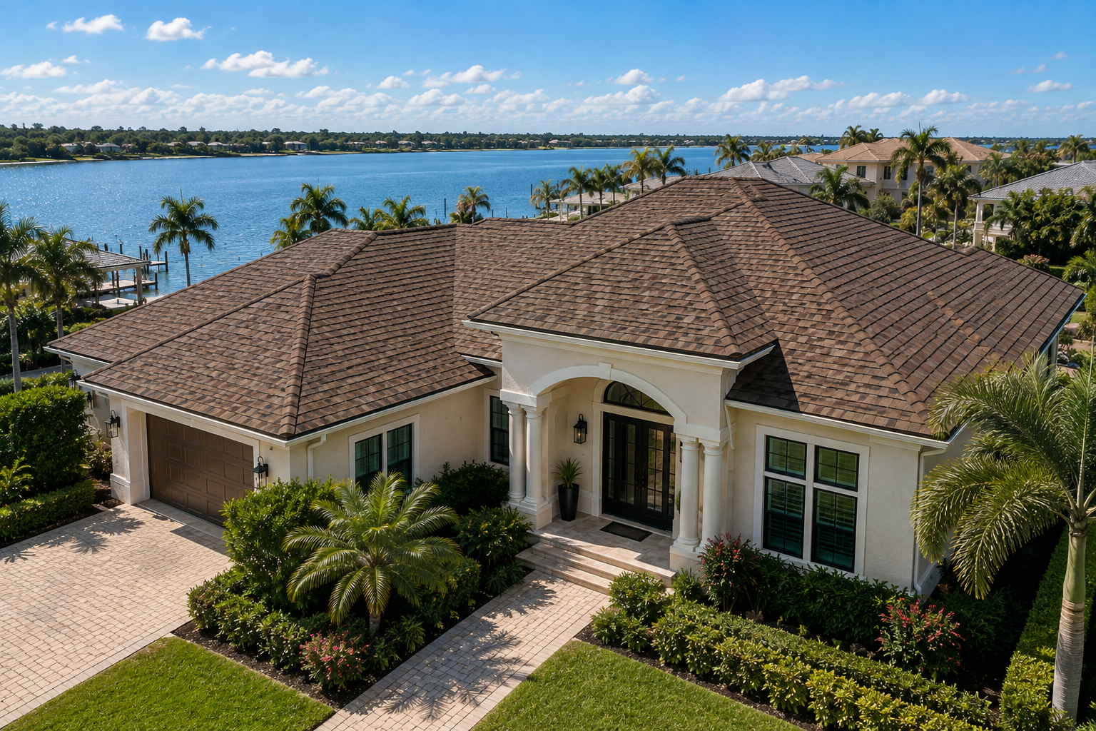 Florida waterfront home with a prominent shingle roof
